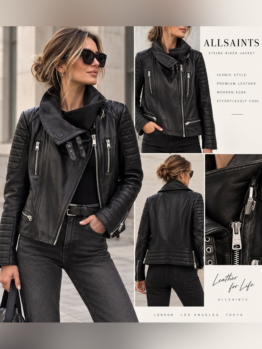440$ALLSAINTS Steine Black Leather Biker Moto Jacket NWT Size 10